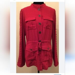 Stoosh jacket.  Linen/rayon . Sz small.  Burgundy. Button up. Lace sleeves.